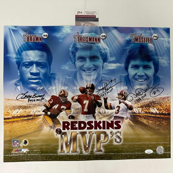 Autographed/Signed Joe Theismann Mark Moseley Larry Brown Washington Commanders MVPs 16x20 Football Photo JSA COA