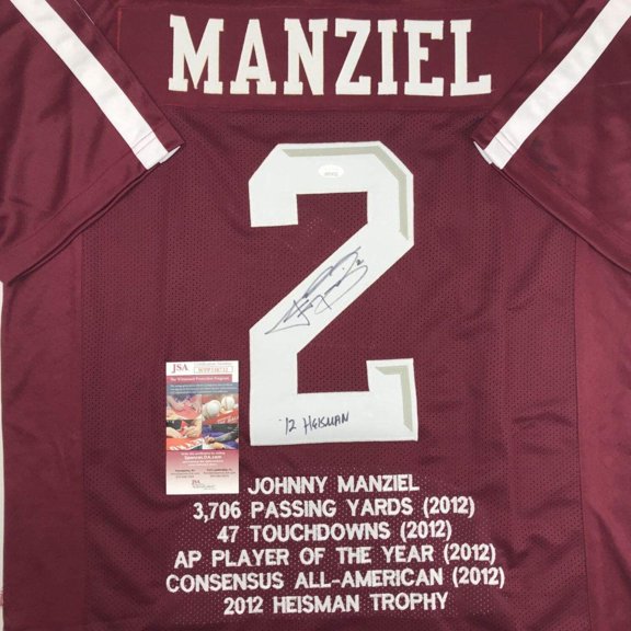 Autographed/Signed Johnny Manziel 12 Heisman Texas AM Maroon Stat College Football Jersey JSA COA