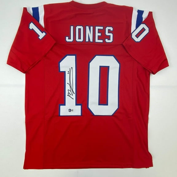 Autographed/Signed Mac Jones New England Red Football Jersey Beckett BAS COA