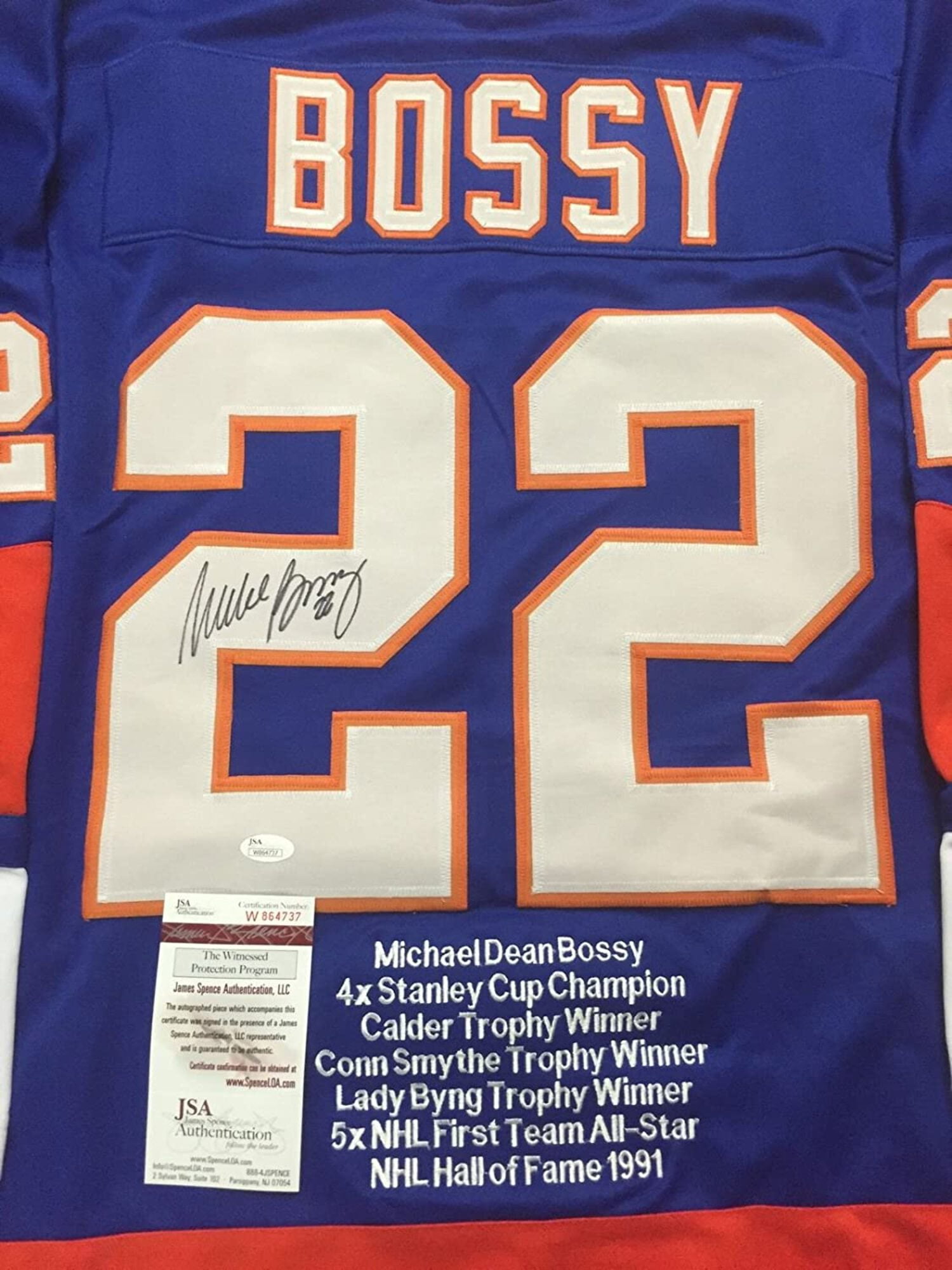 Autographed/Signed Mike Bossy New York Islanders Blue Stat Hockey