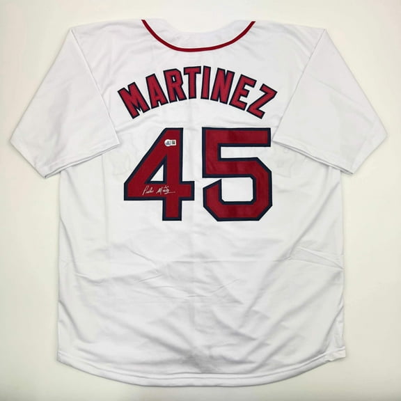 Autographed/Signed Pedro Martinez Boston White Baseball Jersey Beckett BAS COA
