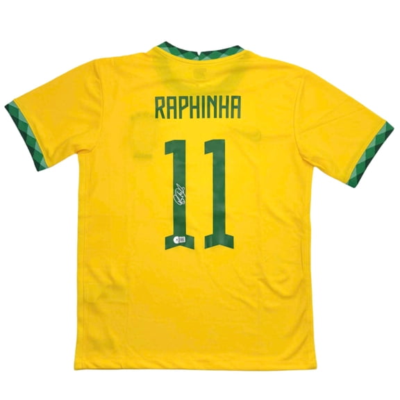 Autographed/Signed Raphinha Raphael Belloli Brazil Yellow Soccer Jersey Beckett BAS COA