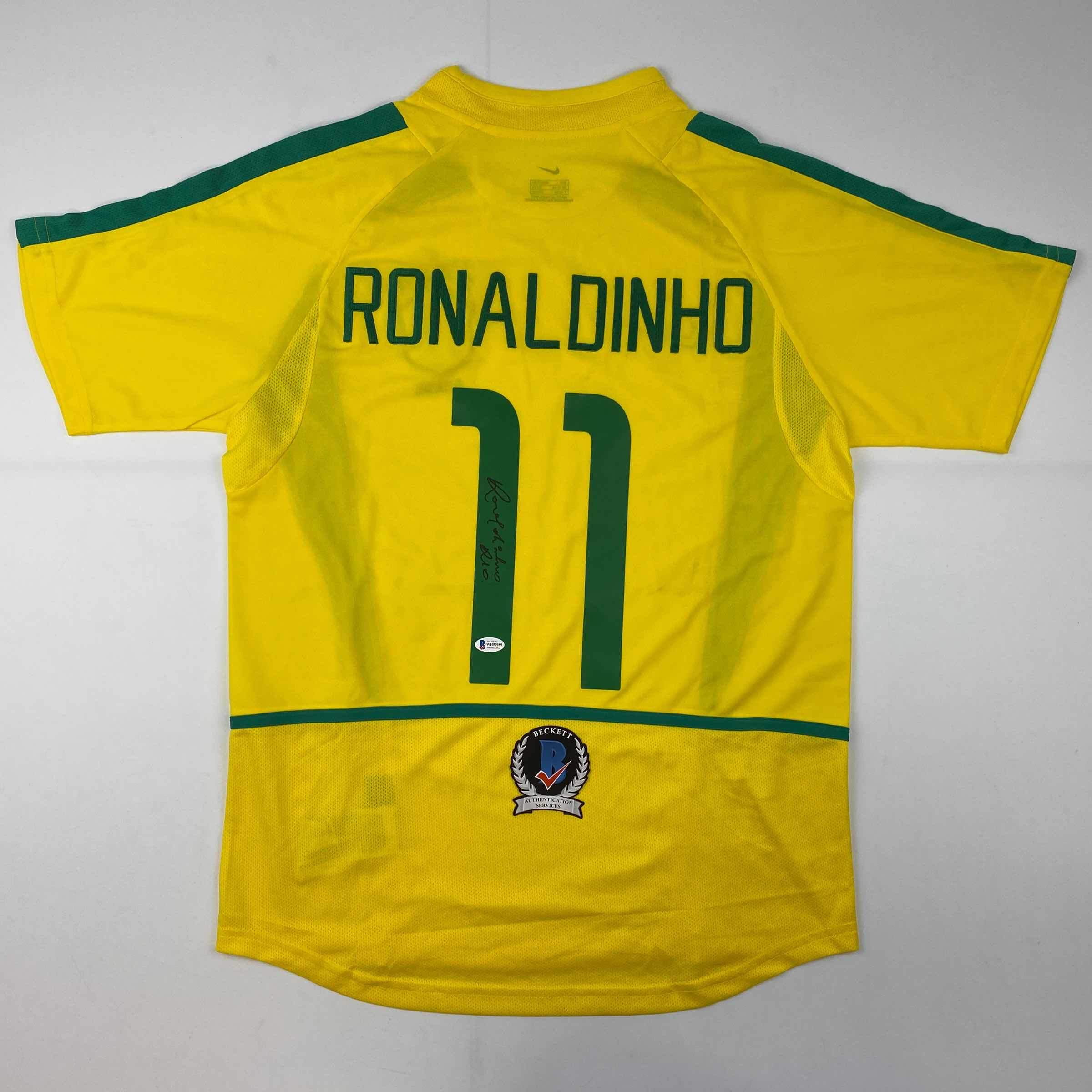 Maillot Brésil Autographe Ronaldinho - Signé Avec Certificat Beckett - Encadré