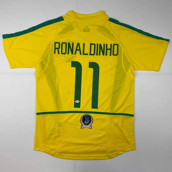 Autographed/Signed Ronaldinho Brazil Yellow Soccer Futbol Jersey Beckett BAS COA