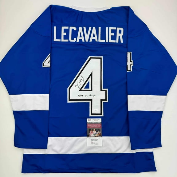 Autographed/Signed Vincent Lecavalier 2004 SC Champs Tampa Bay Blue Hockey Jersey JSA COA