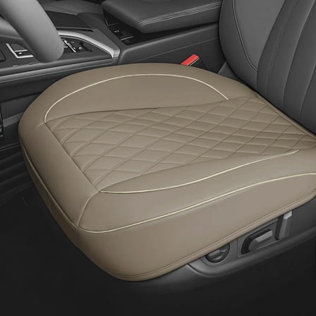 Autoking Cover Leather Front Car Seat Cover, Anti-Slip and Full Wrap Driver Car Seat Protectors with Storage Pocket, Luxury Bottom Auto Seat Cushion (Beige)
