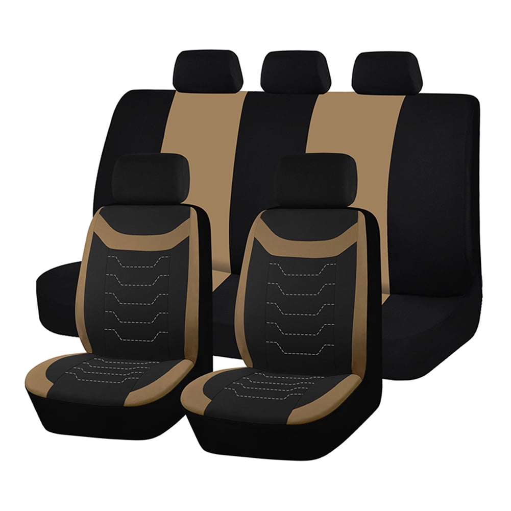 Autoking Cover Stripe Polyester 9pcs Racing Car Seat Covers Set Universal Seat Protector Accessories Interior Fit for Most Car Beige