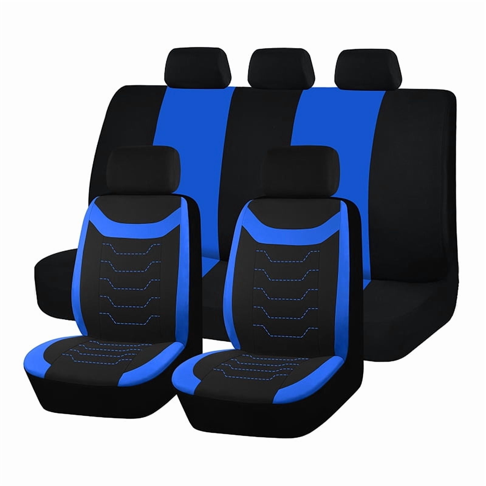 Autoking Cover Stripe Polyester 9pcs Racing Car Seat Covers Set Universal Seat Protector Accessories Interior Fit for Most Car Blue