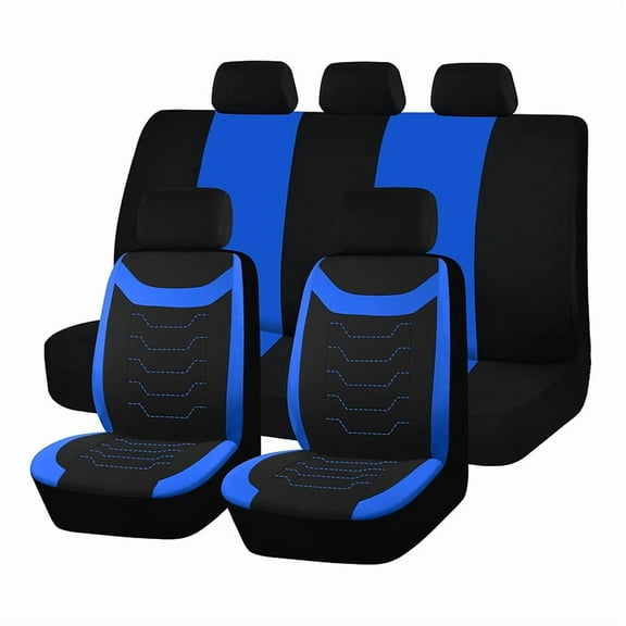 Autoking Cover Stripe Polyester 9pcs Racing Car Seat Covers Set Universal Seat Protector Accessories Interior Fit for Most Car Blue