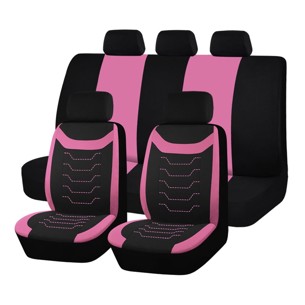 Autoking Cover Stripe Polyester 9pcs Racing Car Seat Covers Set Universal Seat Protector Accessories Interior Fit for Most Car Pink