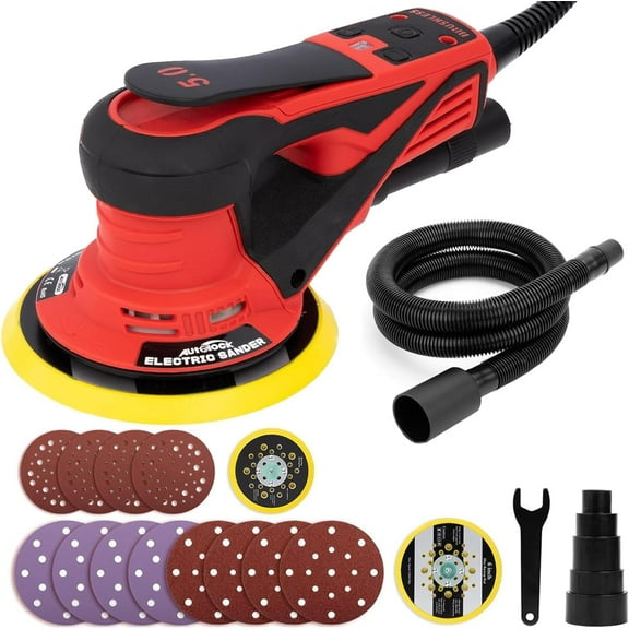 Autolock Electric Random Orbital Sander, 350W Brushless Motor with 5 & 6 Inch Pads, 10000RPM Palm Sander for Woodworking, Sanding and Polishing (Red)