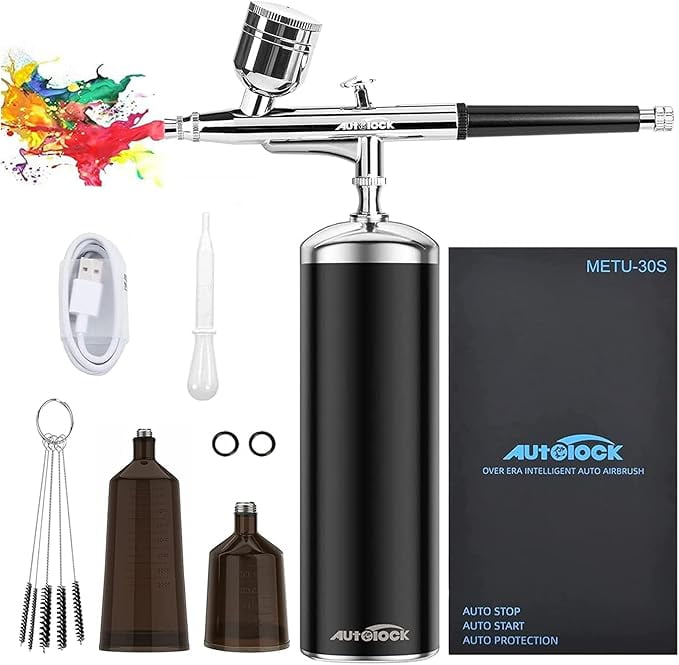 Autolock Upgraded Airbrush Kit with Air Compressor, Portable Cordless Auto Airbrush Gun Kit, Rechargeable Handheld Airbrush Set for Makeup, Cake Decor, Model Coloring, Nail Art, Tattoo