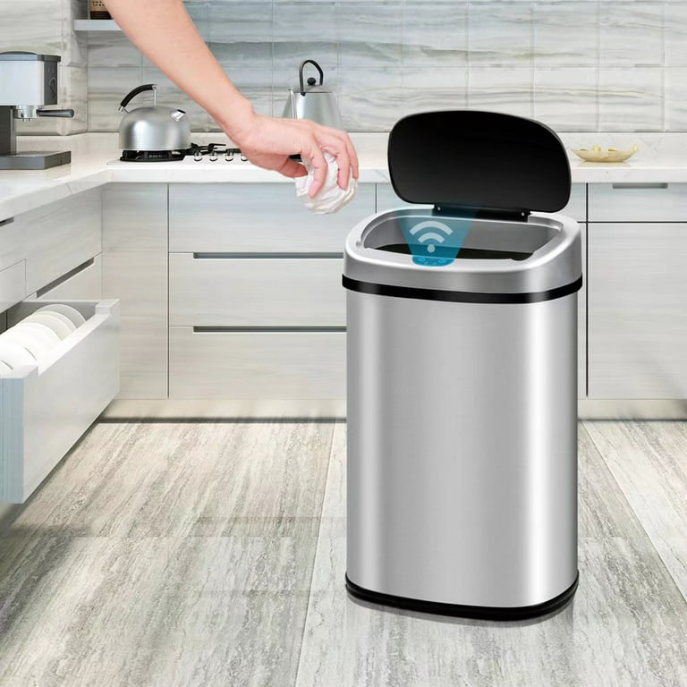 13 Gallon Stainless Steel Automatic Sensor Trash Can - No Touch Garbage Can Kitchen Waste Bin High-Capacity Bathroom Trash Can with Lid for Home