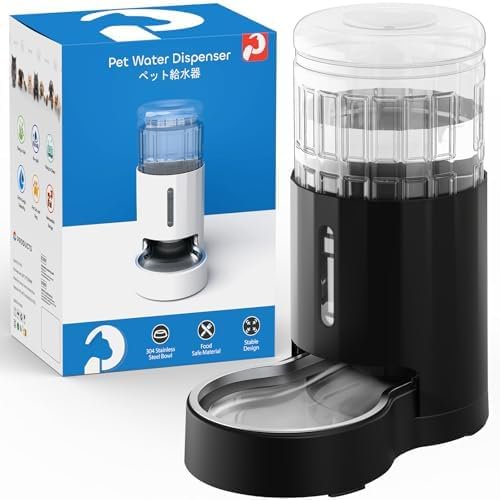 Automatic 4L/135Oz/1Gal  Water Dispenser with Stainless Steel Bowl, Gravity Waterer for Small Medium  Puppy Kitten (Black)
