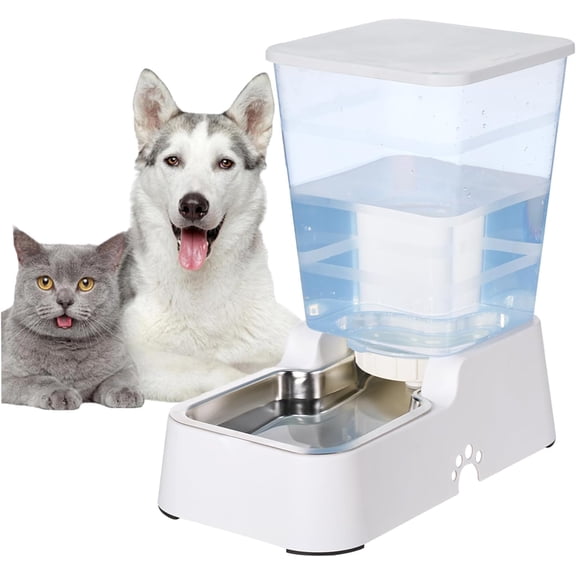 Automatic 5.4L/1.4Gal Pet Waterer, Pet Automatic Dog Water Dispenser Gravity Stainless Steel Water Feeder, Large Capacity Feeding Bowls for Cats and Medium & Large-Sized Dogs (White, Water)