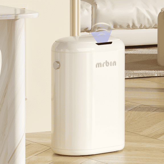 Automatic Adsorption Metal Trash Can for Bathroom, Touchless Garbage Bin with Lid, 4.8 Gallon Slim Trash Can for Office and Bedroom, Kitchen Electric Motion Sensor Waste Basket, Cream White