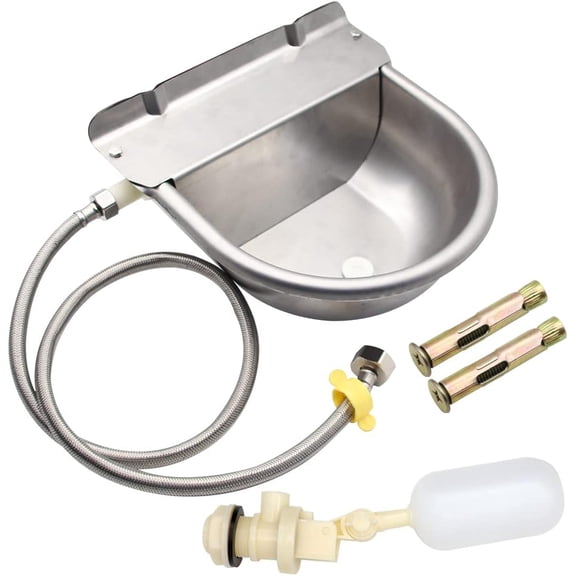 Automatic Animal Drinking Water Bowl with Float Valve,304 Stainless Steel Livestock Dispenser Waterer with Drainage Hole,Includes Water Bowl,3/4''Water Hose,2 Float Valves and Mounting Bolts