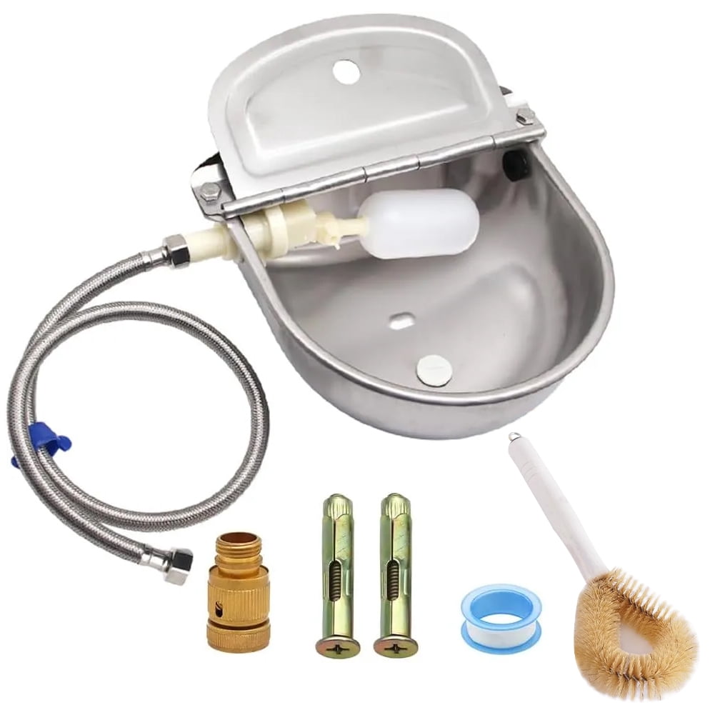 Automatic Animal Drinking Water Bowl with Float Valve and Drainage Hole, 304 Stainless Steel Livestock Dispenser Waterer Kits Included Water Hose, 3/4''Adaptor, Float Valves Mounting Bolts