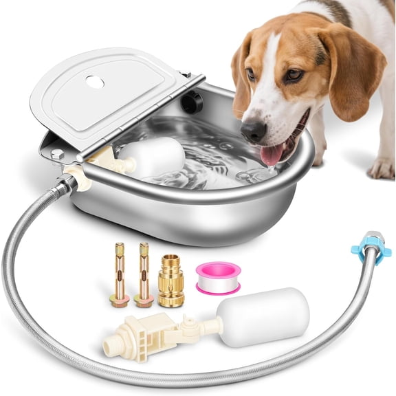 Automatic Animal Drinking Water Bowl with Float Valve, Extended Pipe, Stainless Steel Waterer Feeder Farm Dog Dispenser Kit Self Filling for Livestock Horse Goat Water Trough