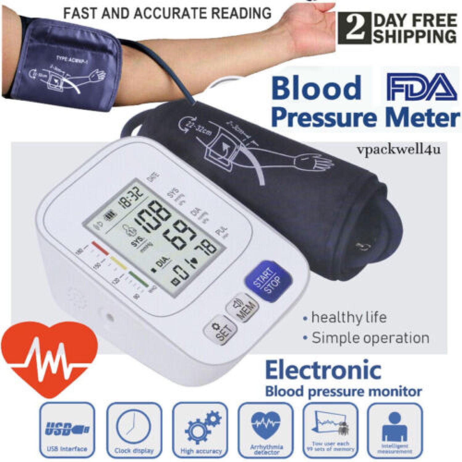 Automatic Arm Blood Pressure Monitor Digital Pulse Heart Rate Machine BP Cuff