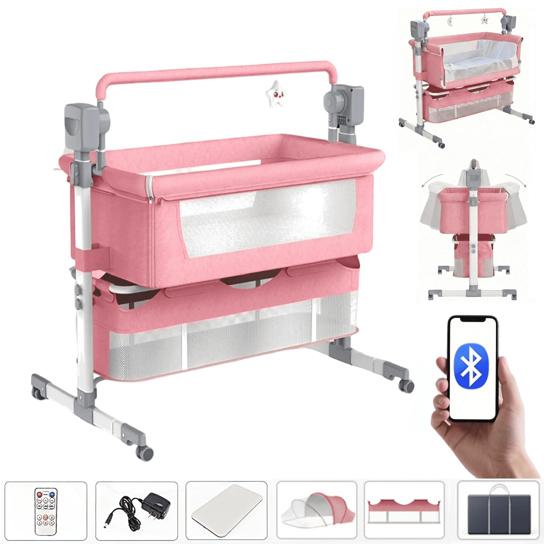 Automatic Baby Crib Portable Bedside Sleeper with Storage Basketball & Wheels Baby Bassinet for Infants to Toddlers Unisex PINK
