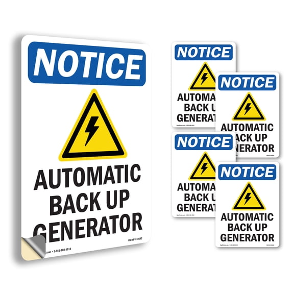 Automatic Back Up Generator With Symbol OSHA Notice Vinyl Decal Label 5 Inch x 3.5 Inch - 5 Pack
