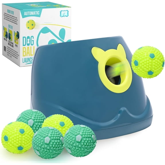 Automatic  Ball Launcher -  Ball Fetch Machine, Ball Thrower for Dogs, for Small to Medium Sized Dogs, Interactive   with 6 Latex Balls, Plug-in &  Options - 4 Launch Distances