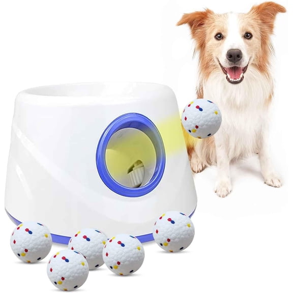 Automatic  Ball Launcher,  Ball Throw Launcher, 3 Adjustable Distance 20-45FT, with 6 2.3-inch ETPU Balls, for Small/Medium Dogs, Indoor and Outdoor Interactive Toys