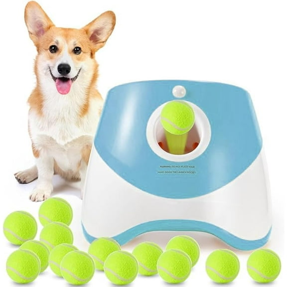 Automatic  Ball Launcher,  Ball Thrower Machine with 10-30Ft 3 Launching Distance, Interactive  for Small Dogs Indoor & Outdoor with 15 Mini Tennis Balls (2 inch) -Blue
