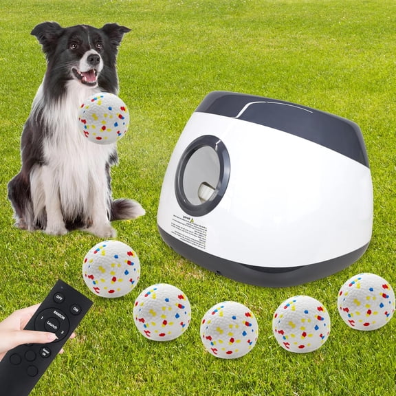 Automatic  Ball Launcher, Upgraded Interactive  Balls Thrower with 3 Distance 29Ft-79Ft, Remote Control Ball Launcher for Medium&Large Dogs, 5 Etpu Balls Included ( Grey
