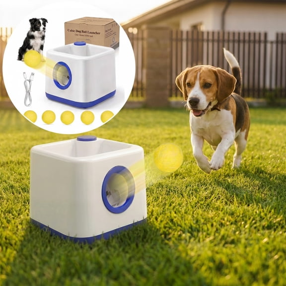 JOVELL Dog Ball Launcher, Automatic Ball Thrower for Small Medium Dogs, Indoor Outdoor Pet Interactive Fetch Machine, 5 Tennis Balls, 3 Distance, Blue