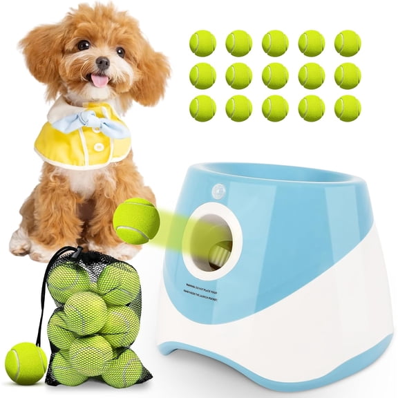Automatic Ball Launcher for Dogs with 3 Distance Settings and Mini Tennis Ball Blue 10-30 Foot Range