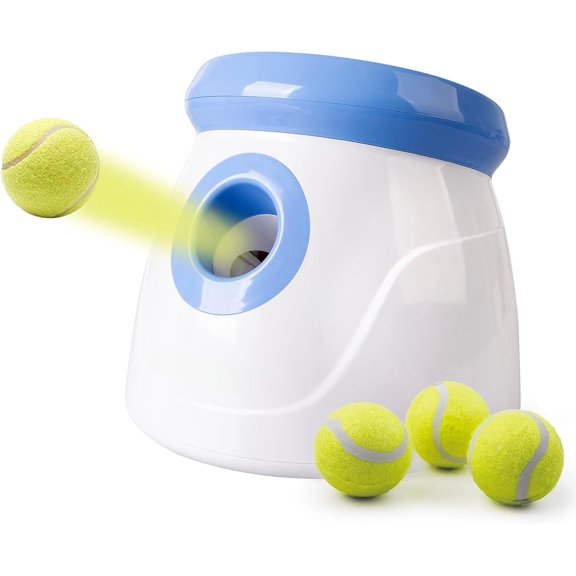 Automatic  Ball Thrower Launcher for Small and Medium Dogs, Interative  Fetch Machine with 3 Tennis Balls (2'') for Indoor/Outdoor Throwing  Launch Distance 10-30ft