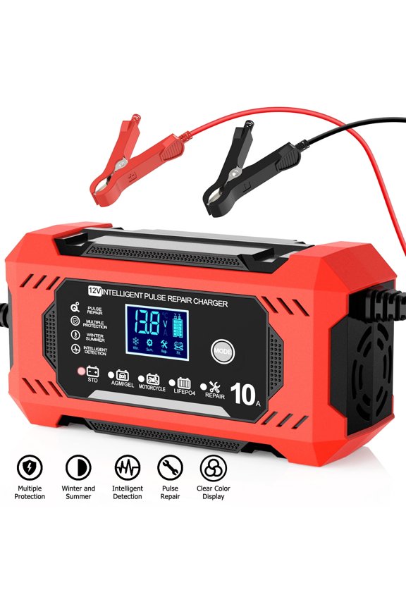 Automatic Battery Charger, 12V/10A Car Battery Charger with Digital Display Screen, Touch Screen Trickle Charger w/ Temperature Compensation Auto Stop,Multimodal Battery Maintainer for Car Motorcycle