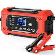 Automatic Battery Charger, 12V/10Amp Battery Maintainer, Smart Car Trickle Charger with Temperature Compensation Auto Stop for Car Truck Motorcycle Lawn Mower Boat Marine Lead Acid Batteries