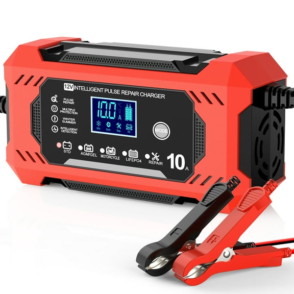 Automatic Battery Charger, 12V/10Amp Battery Maintainer, Smart Car Trickle Charger with Temperature Compensation Auto Stop for Car Truck Motorcycle Lawn Mower Boat Marine Lead Acid Batteries