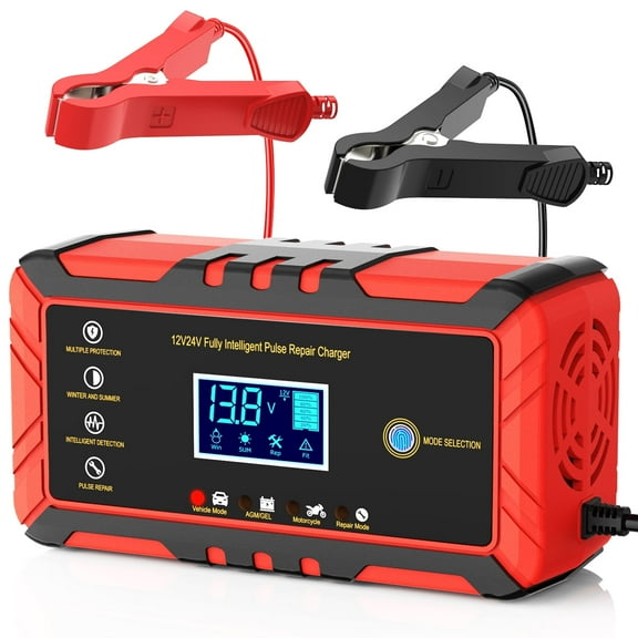 Automatic Battery Charger, 12V 24V/8Amp Battery Maintainer, Smart Car Trickle Charger with Temperature Compensation Auto Stop for Car Truck Motorcycle Lawn Mower Boat Marine Lead Acid Batteries