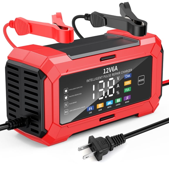 Automatic Battery Charger, 12V 6A Battery Maintainer, Smart Car Trickle Charger with Temperature Compensation,Battery Repair and Desulfator for Cars Boat Motorcycle Lawn Mower RV ATV SUV Snowmobile