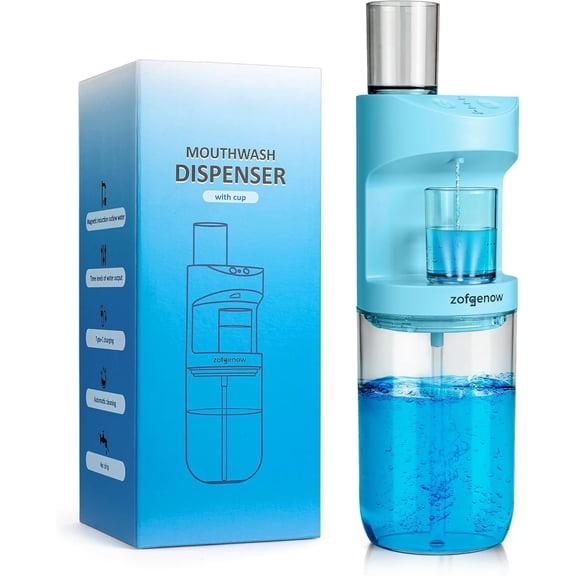Automatic Blue Mouthwash Dispenser, Wall-Mounted with Magnetic Cup, 19.4 Fl Oz, 10ml/20ml/30ml Dispensing Options, BPA-Free ABS and PET Construction