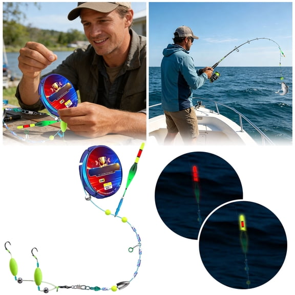 Automatic Bottom Seeking Fishing Line Set, 393ft Durable Fish Line Effortless Fishing, Install Free Luminous Float with Storage Compartment for Night Early Morning Fishers Line Weight: 5.0