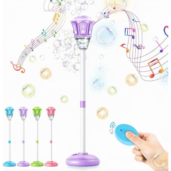 Automatic Bubble Machine, 2026 New Standing Bubble Blower with Lights & Music, Adjustable Height Bubble Maker with 50ml Solution, Remote & Screwdriver, for Parties Birthday Wedding Outdoor,Purple