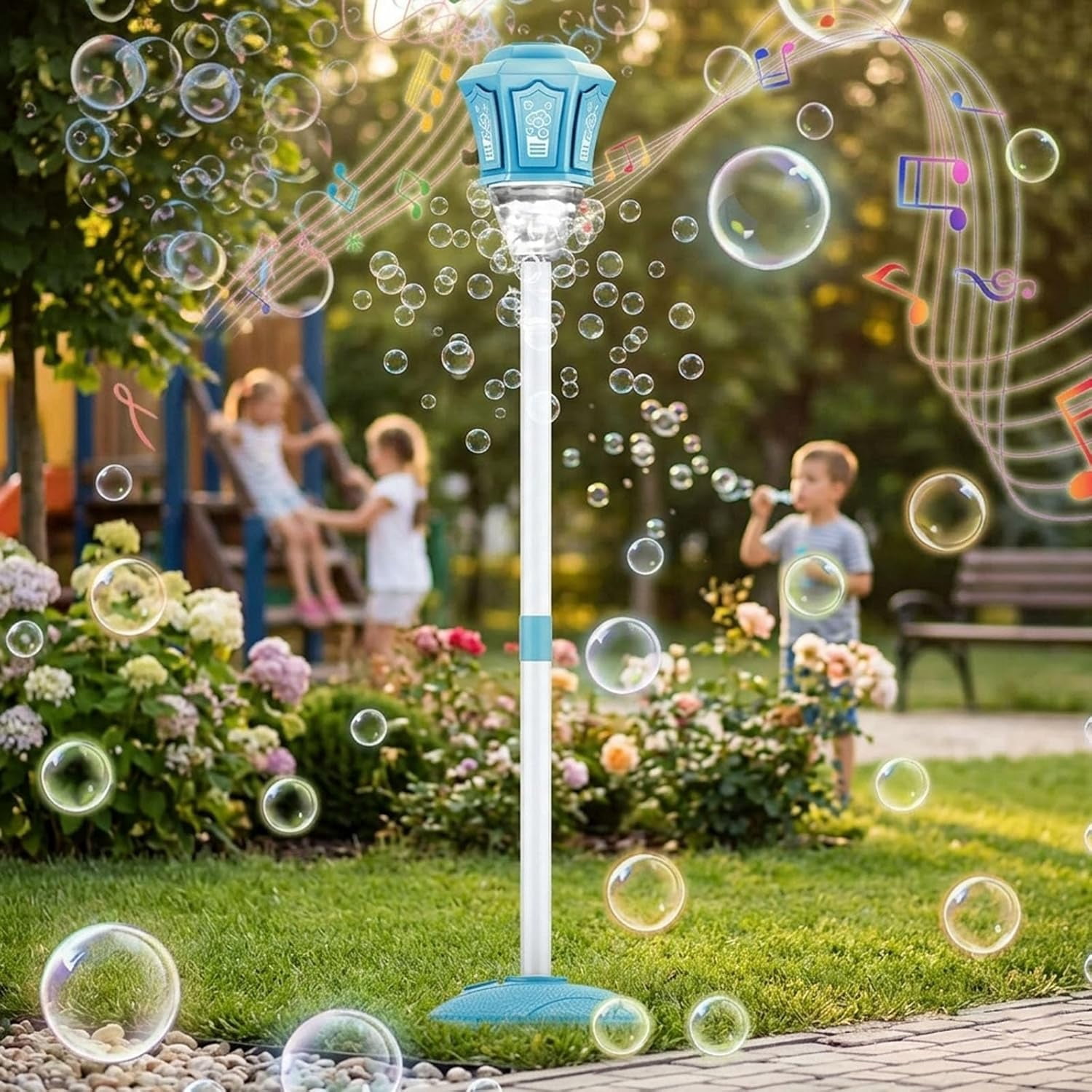 Automatic Bubble Machine, 2026 New Standing Bubble Blower with Lights & Music, Adjustable Height Bubble Maker, Bubble Machine for Parties Birthday Wedding Outdoor (Blue)