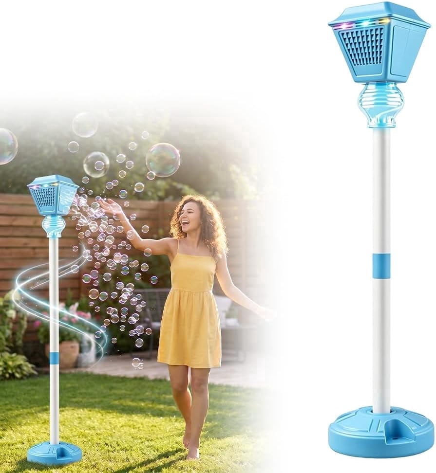 Automatic Bubble Machine with LED Lights – Rechargeable Bubble Maker with Music, Adjustable Height Outdoor Bubble Blower for Parties, Weddings (Blue)