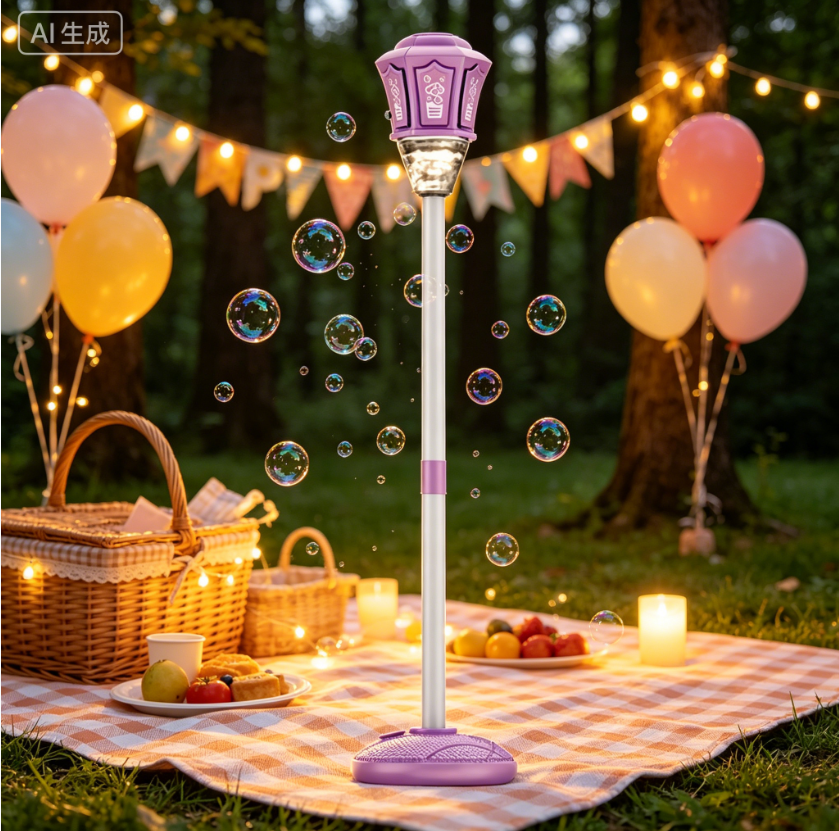 Automatic Bubble Machine, Standing Bubble Blower with Lights & Music, Adjustable Height Bubble Maker, Bubble Machine for Parties Birthday Wedding Outdoor(Purple)