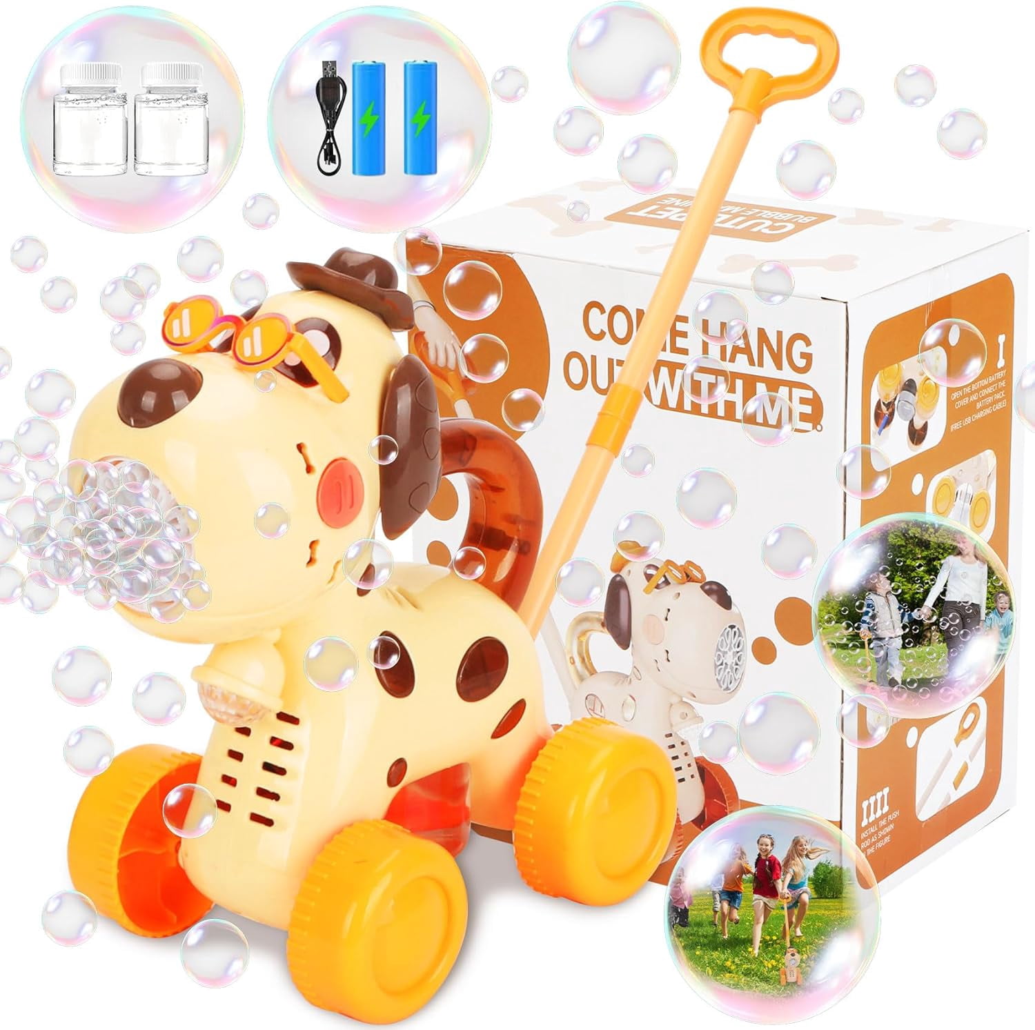 Giraffe Automatic Bubble Machine For Kids — Push & Handheld Modes, Rechargeable, Flashing Lights, Great Outdoor Toy For Ages 3-6