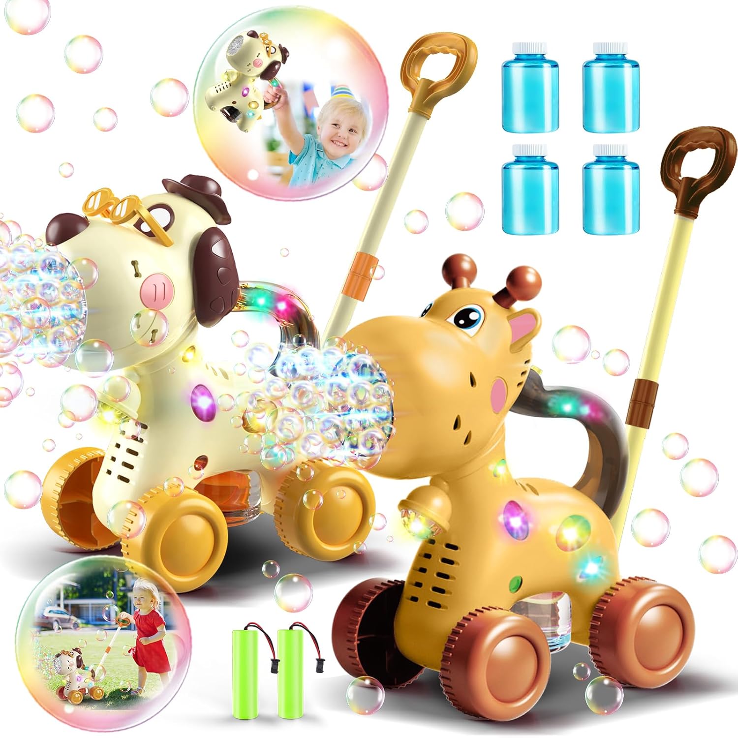 Giraffe Automatic Bubble Machine For Kids — Push & Handheld Modes, Rechargeable, Flashing Lights, Great Outdoor Toy For Ages 3-6