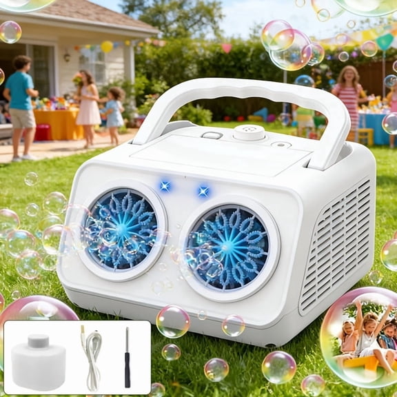 Automatic Bubble Machine with 2 Fans, 20,000 Bubbles/Min, Portable, Operates via Plug or Battery, Indoor & Outdoor Use