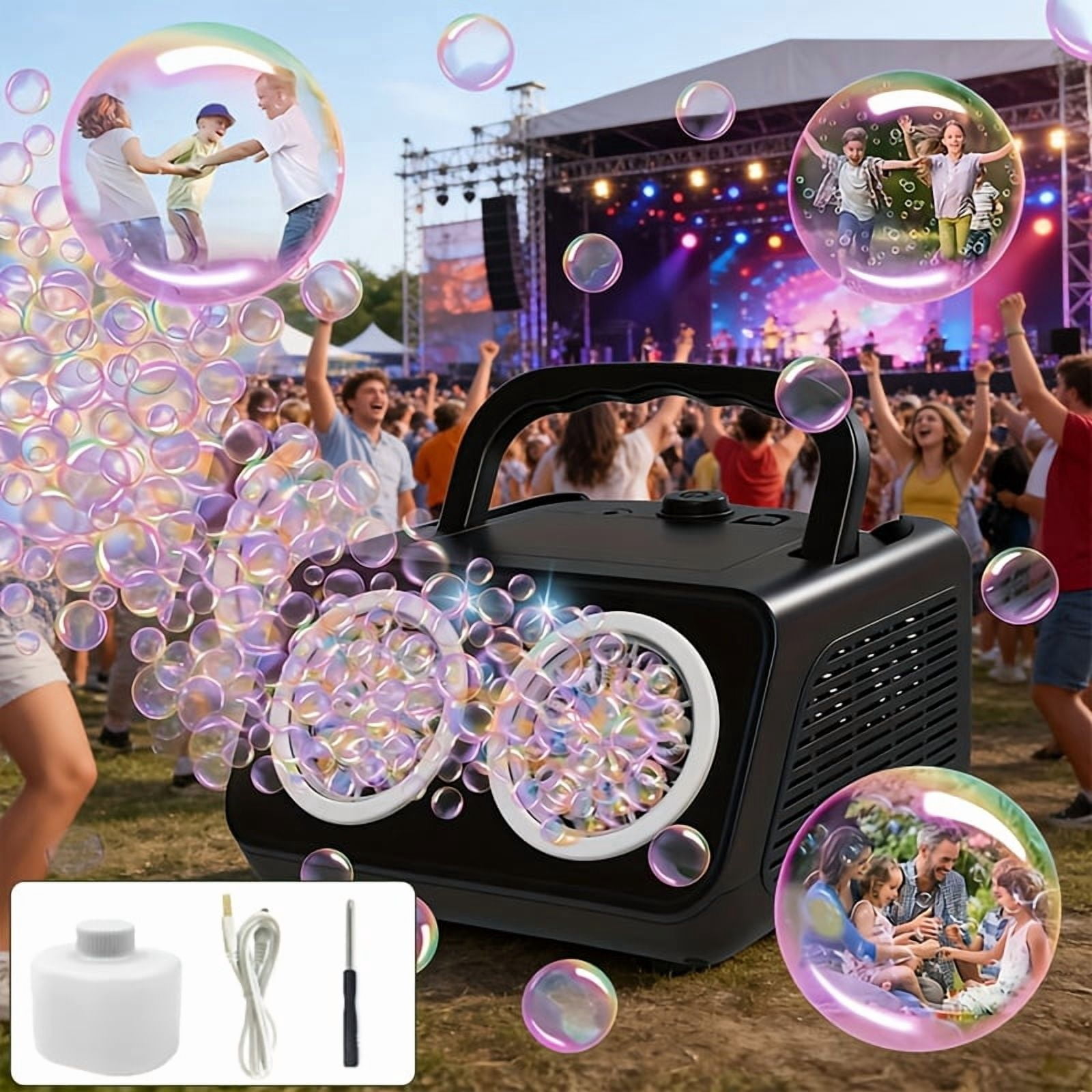 Automatic Bubble Machine with 2 Fans, 20,000 Bubbles/Min, Portable, Operates via Plug or Battery, Indoor & Outdoor Use