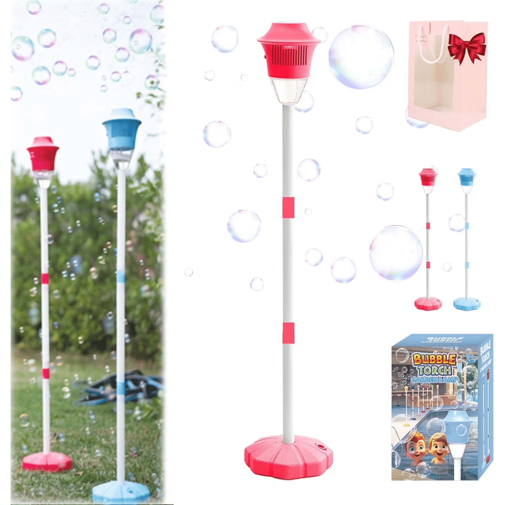 Garden Bubble Machine,Automatic Bubble Torch Garden Lamp ,47in Stand Tiki Torchs Bubbles Machine with Lights, Rechargeable Outdoor Torch Bubbles Machine for Wedding Birthday Party （Pink)