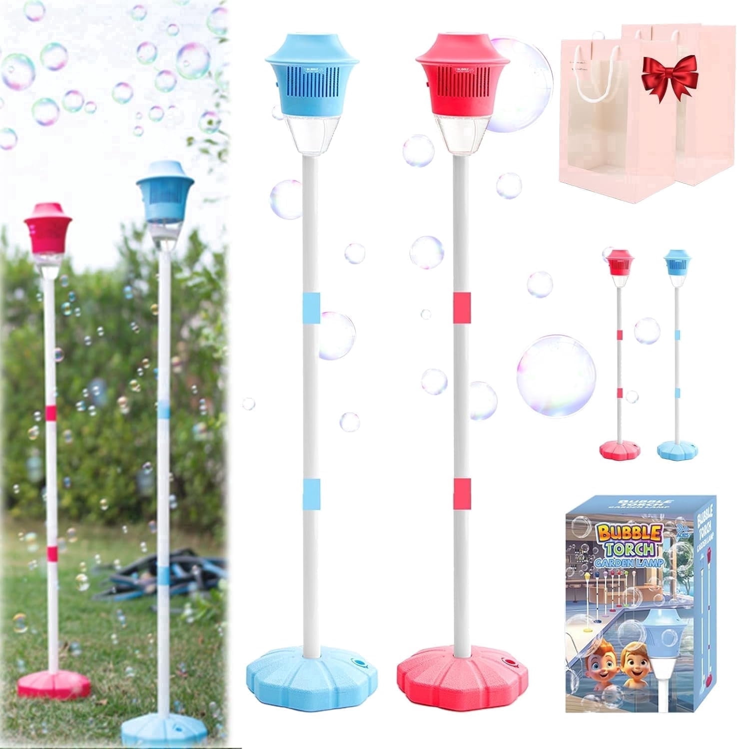 Automatic Bubble Torch Garden Lamp, Bubble Maker Stand, 47 Inches Standing Tiki Torchs Bubbles Machine with Lights, Rechargeable Outdoor Torch Bubbles Machine, for Wedding Birthday Party
